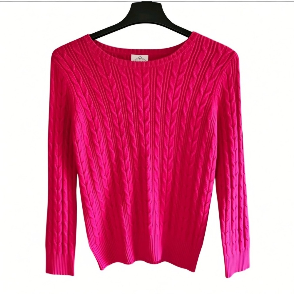 St. John's Bay Women's Fuchsia Round Neck Cable Knit Large Pullover Sweater